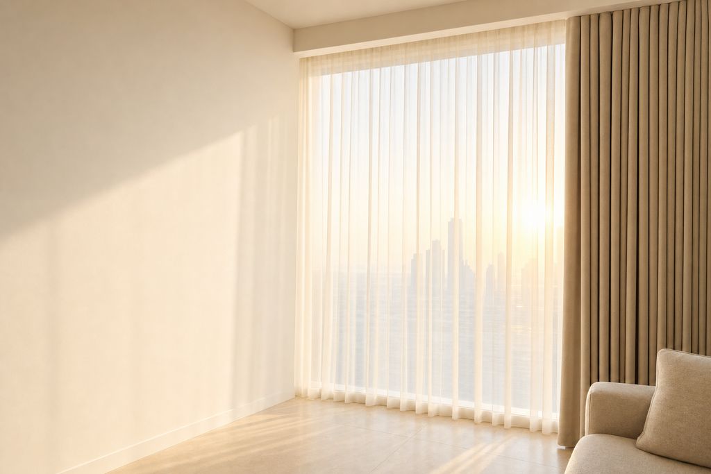White sheers drawn across a floor-to-ceiling window beside a taupe curtain, city towers and low sun beyond